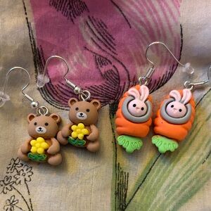 Cute Plastic Bear and Bunny Earring Set